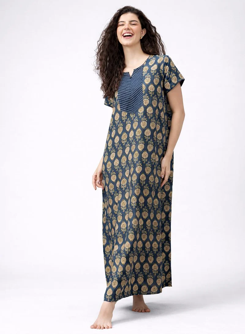 كلوفيا Floral Print Long Nighty in Navy Colour - Rayon